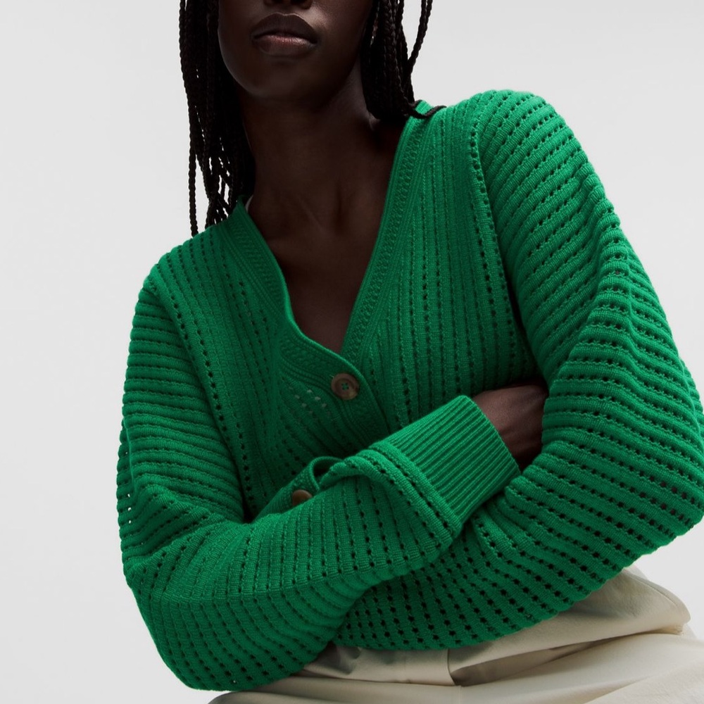 Lululemon Cotton Crochet Mesh Relaxed Fit Cardigan | Racerway Green | Sz: S